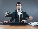 Man with four hands multitasking
