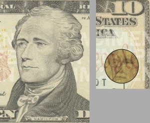 Hamilton portrait and watermark from a $10 bill