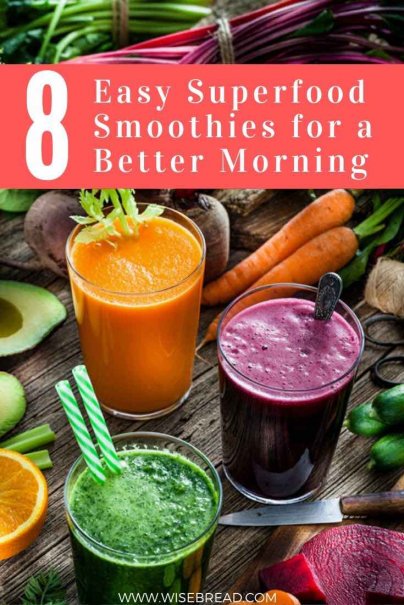 You can toss many healthy ingredients, including those all-important superfoods, into your blender and pour into a travel cup to take on the go. Here are 8 easy superfood smoothie recipes for you to try! | #superfoood #smoothies #greensmoothie 