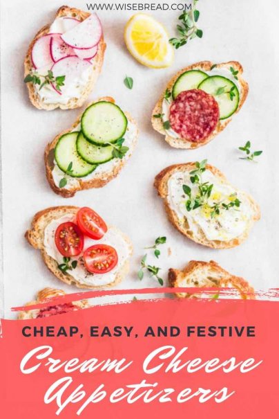 Cream cheese, it's the easy, quick and simple holiday appetisers! You can make it a spread, or as a dip, making it the perfect finger foods for your Christmas party! Dress is up with some cranberry sauce, or garlic, tomatoes, or pepper jelly. We’ve got some delicious recipes for you! | #frugalliving #partydishes #creamcheese